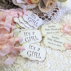 It's a Girl Baby Girl Shower Favor Gift Tags - Parchment Double Sided Customized Personalized - Set of 18 - Choose Ribbons - sweet baby girl