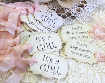 It's a Girl Baby Girl Shower Favor Gift Tags - Parchment Double Sided Customized Personalized - Set of 18 - Choose Ribbons - sweet baby girl