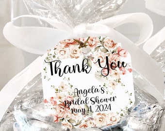 20 Peach Pink Floral Bridal Shower Favor Tags, Printed, Tags Only, Personalized Tags, Floral Heart Square Round Tags, Boho Thank You Tags