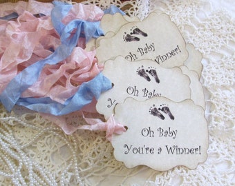 Baby Shower Prize Tags - Baby Feet - Oh Baby You're a Winner - Large Gift Hang Favor Game Tags - Set of Nine - Choose Ribbons - sprinkle