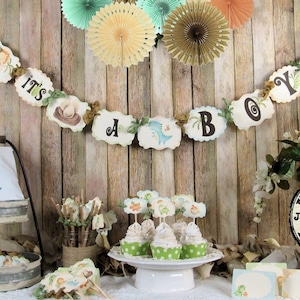 Baby Dinosaur Shower Decorations - Banner Garland Bunting  Cupcake Toppers  Favor Bags & Tags Floral Picks Oh Baby Gender Neutral