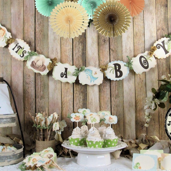 Baby Dinosaur Shower Decorations - Banner Garland Bunting  Cupcake Toppers  Favor Bags & Tags Floral Picks Oh Baby Gender Neutral