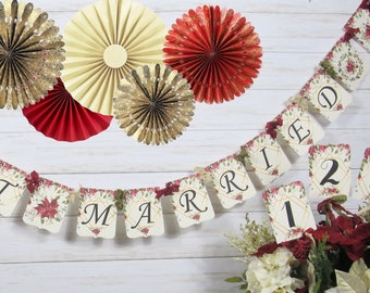 Poinsettia Winter Wedding Decorations Package Bundle - Banner Garland Floral Picks Just Married Mr & Mrs Winter