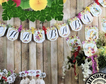 Aloha Baby Tropical Shower Decorations - Banner Garland Bunting Sign Cupcake Toppers Favor Bags & Tags Floral Picks Luau Party Gold