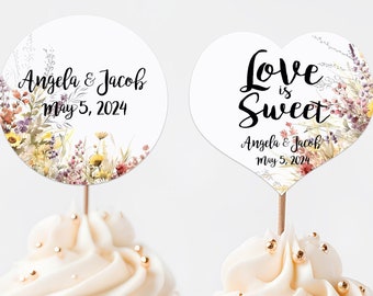 Wildflowers Wedding Cupcake Toppers Picks Floral - Personalized Name Date - Round Heart Fancy Square - Love is Sweet