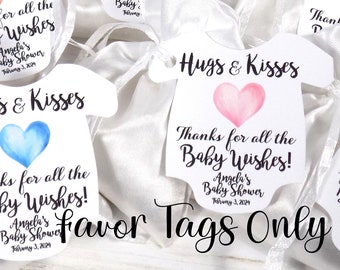 Hugs & Kisses Heart Thank You Tags, Printed, Personalized Baby Infant Bodysuit Romper Shower Favor Gift Tags