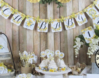 Lemon Yellow Gold Floral Baby Shower Decorations - Banner Garland Bunting Sign Cupcake Toppers Favor Bags & Tags Floral Picks