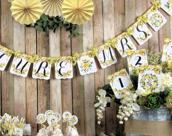 Lemon Yellow Gold Floral Bridal Shower Decorations - Banner Garland Bunting Cupcake Toppers Favor Bags & Tags Floral Picks