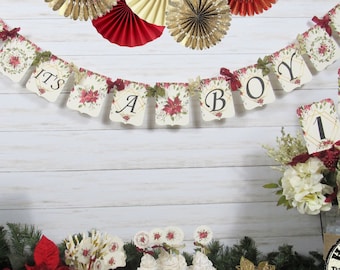 Poinsettia Baby Shower Decorations - Banner Garland Bunting Sign Cupcake Toppers Favor Bags Tags Its a Boy Girl Twins Winter Shower