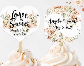 Peach Blush Floral Wedding Cupcake Toppers Picks Roses Neutral Floral - Personalized - Round Heart Fancy Square - Love is Sweet