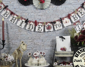 Gothic Roses Bridal Shower Decorations, Banner Garland Bunting Sign, Cupcake Toppers, Tags, Place Cards, Halloween Bridal