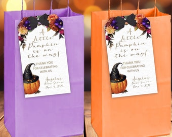 Halloween A Little Pumpkin is On the Way Baby Shower Favor Tags, Printed Tags, Personalized Thank You, Fall Autumn Floral, Gender Neutral