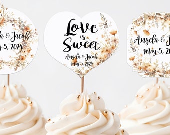 Neutral Wildflowers Wedding Wreath Cupcake Toppers Picks Floral - Personalized - Round Heart Fancy Square - Love is Sweet