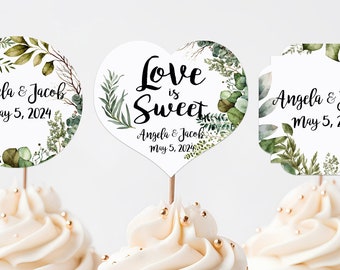 18 Greenery Leaves Wedding Cupcake Toppers Picks Leaf Botanical Succulent - Personalized - Round Heart Fancy Square - Love is Sweet