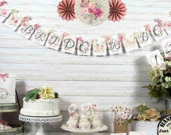 Blush Pink Cream Shabby Roses Bridal Wedding or Baby Shower Decorations  Banner Garland Bunting Cupcake Toppers Favor Bags rose gold