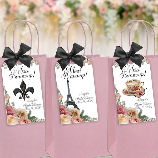 Paris French Merci Bridal Shower Favor Tags, Printed, Tags Only, Personalized Tags, Thank You Tags, Blush Pink Roses, Lingerie Bridal Tea