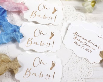 Oh Baby! Baby Footprint Favor Tags w/ribbons, Set of 18, Choose Ribbons, White Shower Gift Tags, Double Sided Customized Personalized