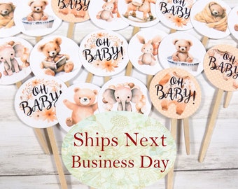 18 Oh Baby! Baby Animal Shower Cupcake Toppers Picks, Teddy Bear Elephant Rabbit, Gender Neutral Baby Shower - Ships Next Business Day