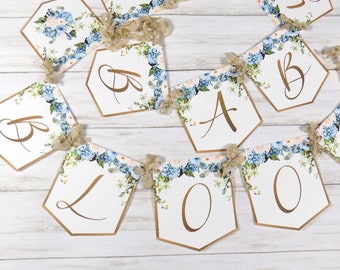 Baby in Bloom Shower Banner, Realistic Blue Ivory Floral, Baby Shower Garland, Gold Letters