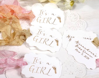 It's a Girl Baby Footprint Favor Tags w/ribbons, Set of 18, Choose Ribbons, White Shower Gift Tags, Double Sided Customized Personalized