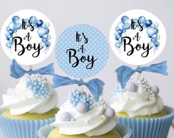 Es un niño Globos azules y lunares Baby Shower Cupcake Toppers Selecciones, Baby Boy Shower
