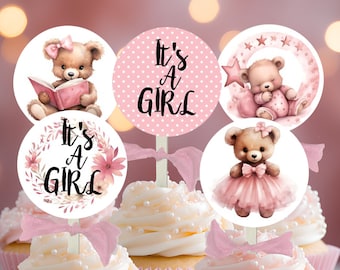 It's a Girl Pink Floral Teddy Bear Baby Shower Cupcake Toppers Picks, Baby Girl Shower