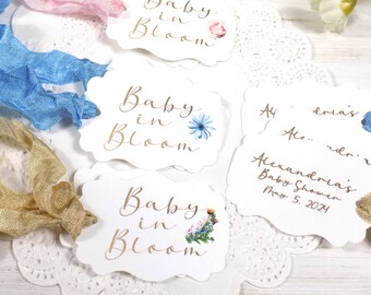 Baby in Bloom Floral Favor Tags w/ribbons - Set of 18 - Choose Ribbons - Floral Baby Shower Gift Tags, Double Sided Customized Personalized