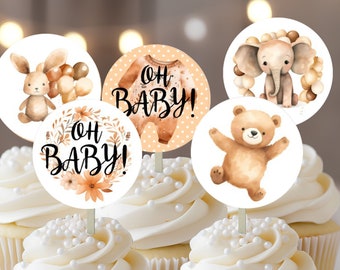 Oh Baby! Baby Animal Shower Cupcake Toppers Picks, Teddy Bear Elephant Rabbit, Gender Neutral Baby Shower