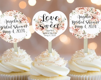 Peach Pink Floral Bridal Shower Cupcake Toppers Picks Floral - Personalized - Round Heart Fancy Square - Love is Sweet