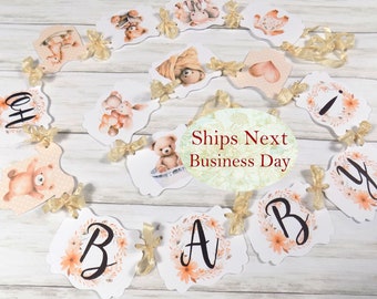 Oh Baby! Teddy Bear Gender Neutral Baby Shower Romper Banner Sign with Ivory Cream Ribbons, Ships Next Business Day
