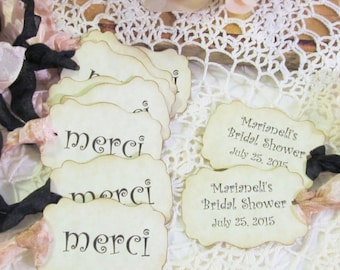 French Merci Thank You Favor Tags w/ribbons - Parchment - Set of 18 - Choose Ribbons - Paris Birthday Baby Bridal Shower Wedding