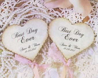 Wedding Hearts Cupcake Toppers w/ribbons -  Best Day Ever - Customized Party Picks - Set of 12 - Choose Ribbons - Rustic Vintage Picks Flags