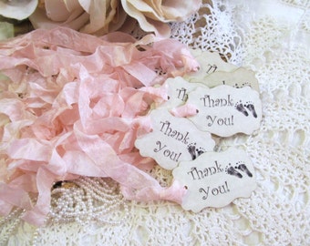 Baby Shower Thank You Favor Gift Tags - Baby Feet Footprints - Parchment Gift Tags - Set of 18 - Choose Ribbons - gender neutral sprinkle