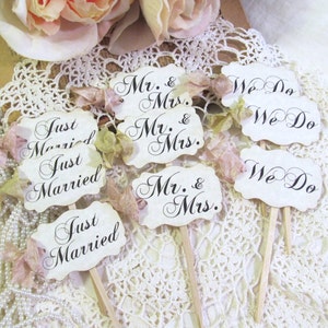 Wedding Cupcake Toppers Party Picks Bridal Mix Just Married We Do Mr. & Mrs. Set of 12 18 36 50 75 100 Rustic Vintage Shabby Style image 1