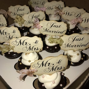 Wedding Cupcake Toppers Party Picks Bridal Mix Just Married We Do Mr. & Mrs. Set of 12 18 36 50 75 100 Rustic Vintage Shabby Style image 3