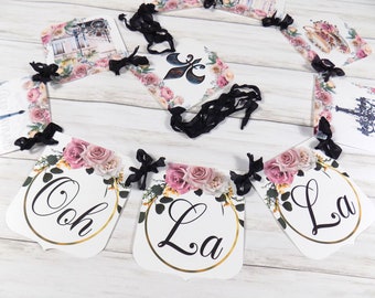 Paris French Ooh La La Banner with ribbons, Bridal Shower Banner, Blush Pink Roses Floral Shower Banner Sign, Bridal Tea, Lingerie Party