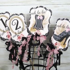 Ooh La La Pink Black Corset Shoes Bridal Shower Decorations Banner Garland Bunting Sign Cupcake Toppers Favor Bags & Tags Floral Picks image 9