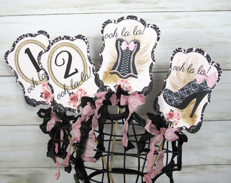 Ooh La La Pink Black Corset Shoes Bridal Shower Decorations Banner Garland Bunting Sign Cupcake Toppers Favor Bags & Tags Floral Picks image 9