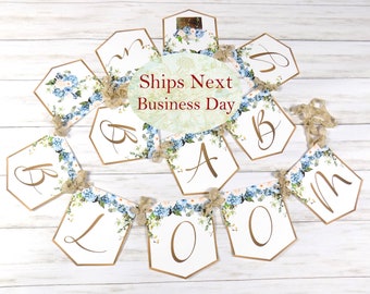 Baby in Bloom Shower Banner, Realistic Blue Ivory Floral, Baby Shower Garland, Gold Letters