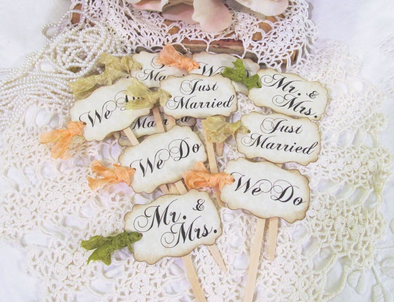 Wedding Cupcake Toppers Party Picks Bridal Mix Just Married We Do Mr. & Mrs. Set of 12 18 36 50 75 100 Rustic Vintage Shabby Style image 4
