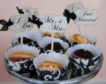Wedding Cupcake Toppers Picks - Vintage Bridal Mix - Just Married I Do Mr. & Mrs. We Do - Set of 12 18 24 50 100 Rustic Shabby Wedding Mini