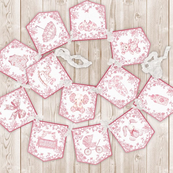 Pink Chinoiserie Toile Floral Baby Shower Banner Garland with Ribbons