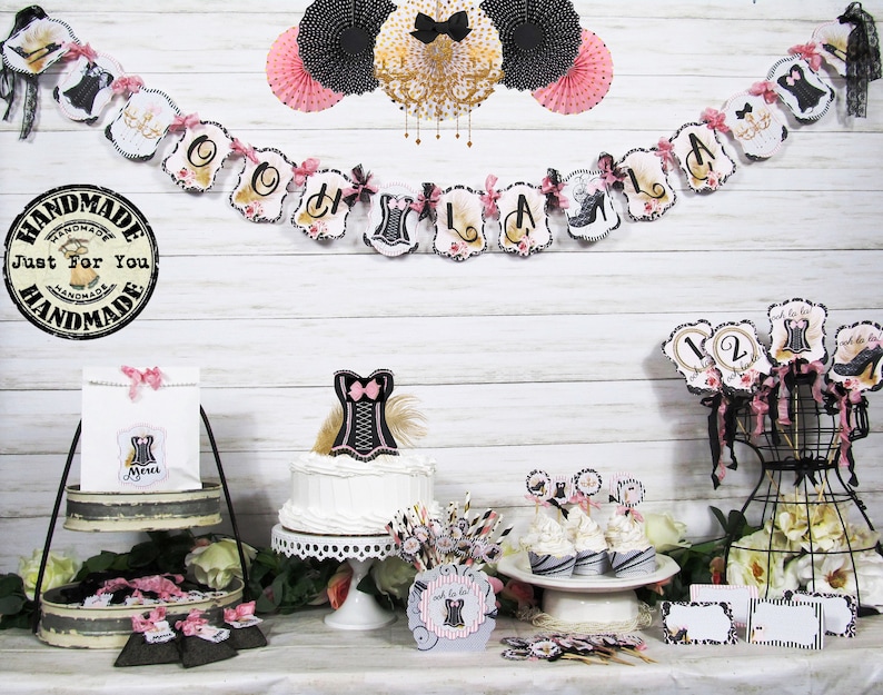 Ooh La La Pink Black Corset Shoes Bridal Shower Decorations Banner Garland Bunting Sign Cupcake Toppers Favor Bags & Tags Floral Picks image 1