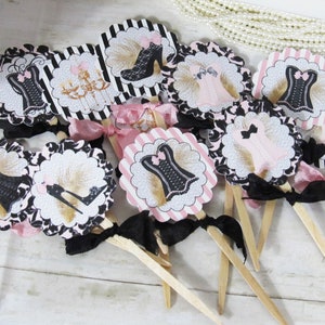 Ooh La La Pink Black Corset Shoes Bridal Shower Decorations Banner Garland Bunting Sign Cupcake Toppers Favor Bags & Tags Floral Picks 18 Cupcake Toppers