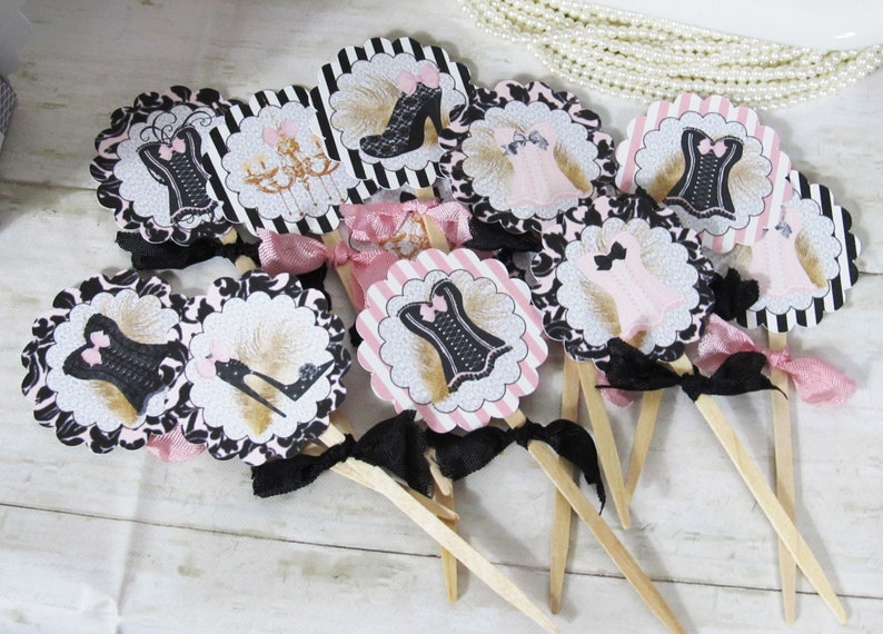 Ooh La La Pink Black Corset Shoes Bridal Shower Decorations Banner Garland Bunting Sign Cupcake Toppers Favor Bags & Tags Floral Picks 18 Cupcake Toppers