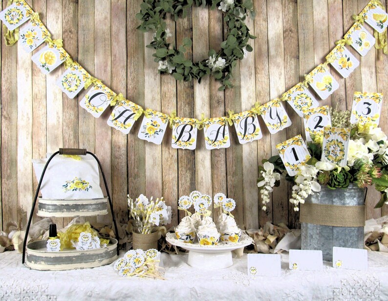 Lemon Floral Baby Shower Decorations Package Banner Garland Etsy Lemon Floral Baby Shower Decorations Package Banner Garland Etsy