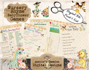 Printable Nursery Rhyme Baby Shower Games Bundle  -  Vintage Toys - Gender Neutral