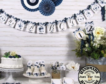 SALE It's a Boy Blue Floral Boho Baby Shower Table Decorations Bundle Set - Banner Garland Cupcake Toppers Favor Tags Floral Picks Gold