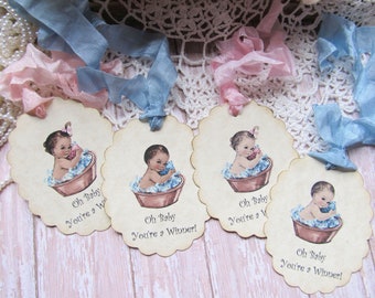 Baby in Washtub Shower Prize Tags - Oh Baby You're a Winner - Large Gift Hang Tags - Set of Nine - Choose Ribbons - sprinkle vintage style