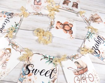 Welcome Sweet Baby Boho Shower Banner Baby Clothes Clothesline Baby Sign with Ivory Ribbons